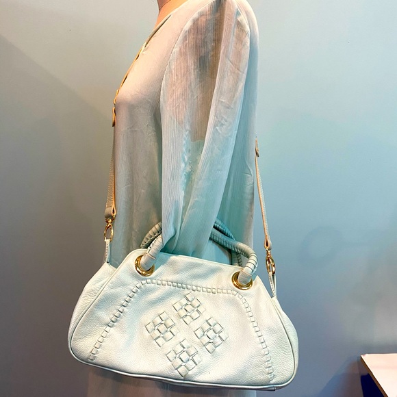 Boho-chic Tiffany blue crossbody leather satchel - Picture 1 of 4